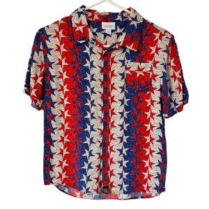 Lularoe Youth Patriotic Red White Blue Stars Button Up Short Sleeve Top Size 10